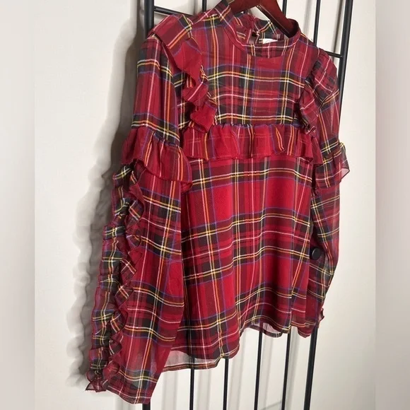 Mudpie Tartan Plaid Sheer Ruffle Chiffon Blouse Sz M - Picture 3 of 12